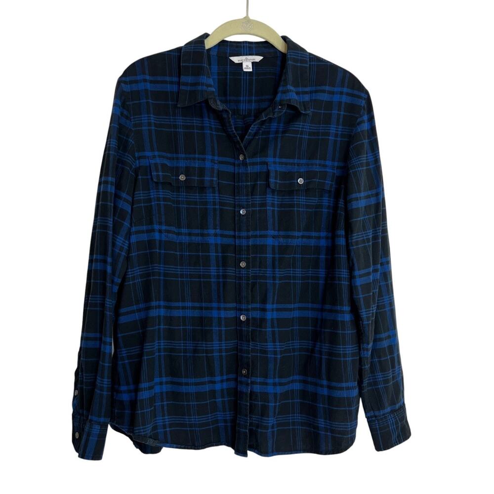 LL Bean Signature Womens Flannel Shirt 16 Blue Black Plaid Button Front Cotton